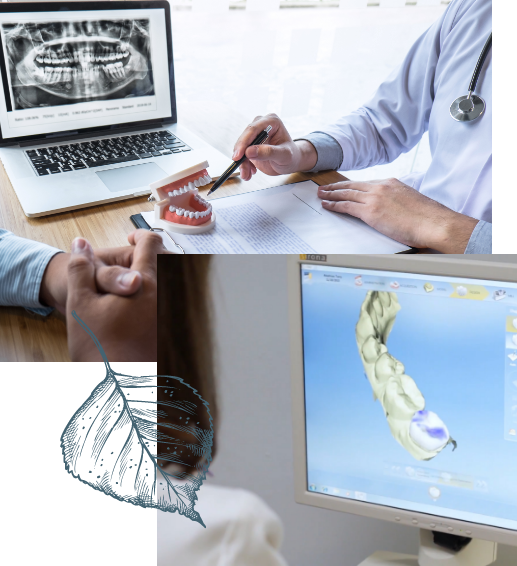 Collage featuring Derry dental team members and digital impressions of teeth on computer